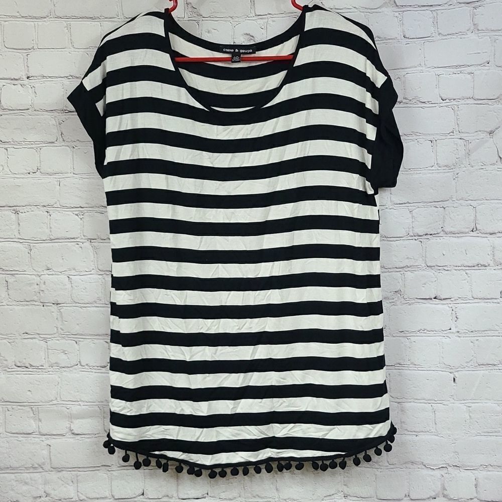 Black White Stripe Top Large Cable & Gauge Pom Detail Soft Luxe Chic Dolman Tee - Picture 10 of 10